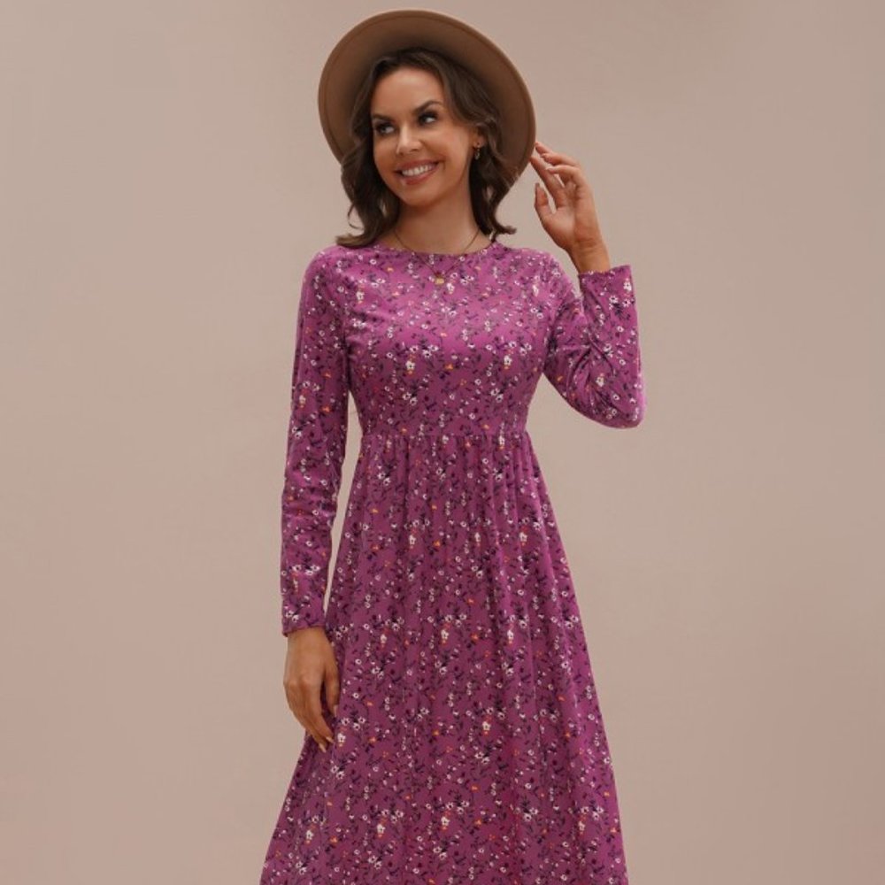 Pink And Purple Floral Long Sleeve, Round Neck Dress